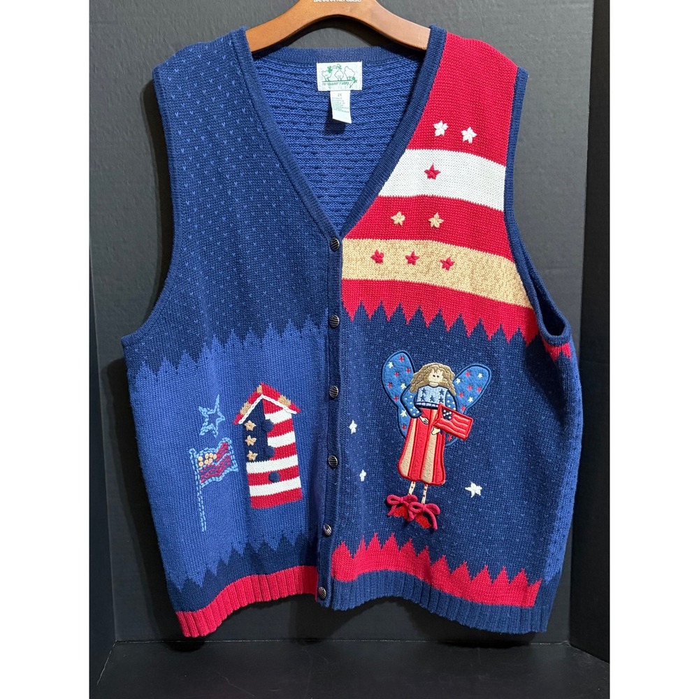Quacker Factory Patriotic Angel Sweater Vest 2X Blue USA Flag July 4th Americana